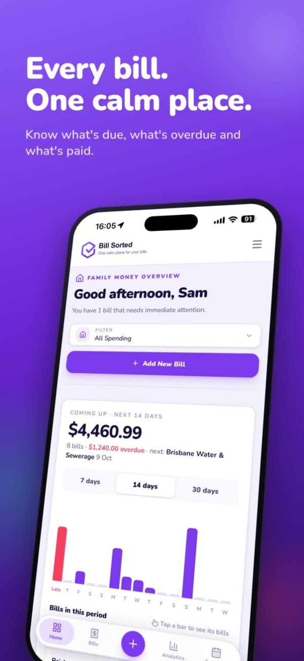 Bill Sorted dashboard showing every bill in one calm place